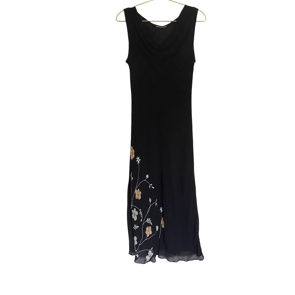 Black Floral Embroidered Sleeveless Maxi Dress S Cowl Neck Lined Boho Evening